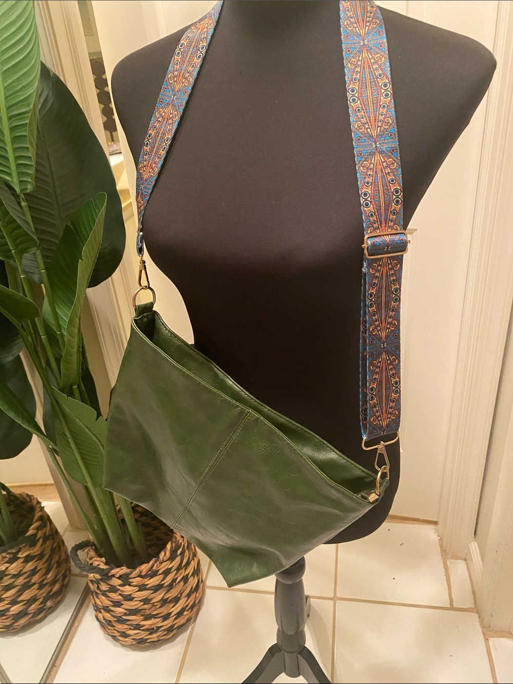 Green Leather Crossbody Bag with Patterned Strap